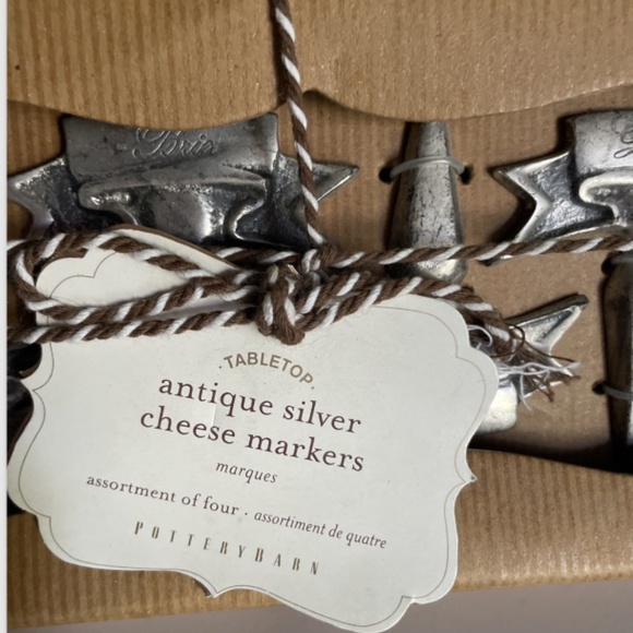 Pottery Barn Antique Silver Cheese Markers Set of 4 Charcuterie NEW farmhouse  G - Picture 2 of 4
